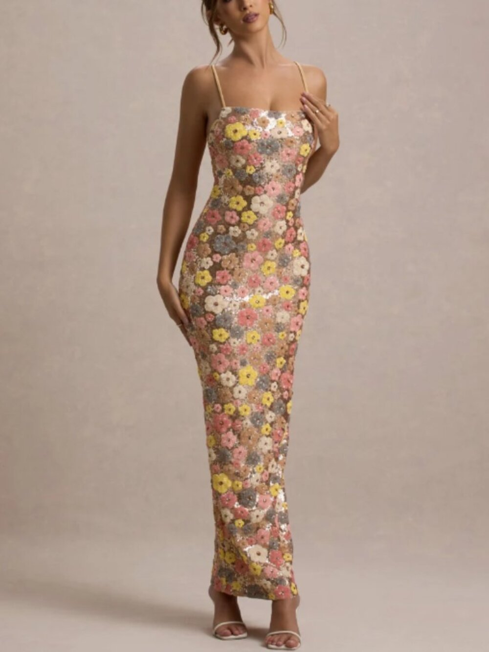 Club L London Vitora Pastel Floral Sequin Square Neck Maxi Dress Size L $320